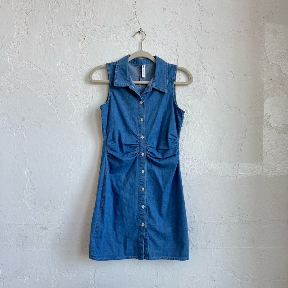 Zara cotton “denim” button up mini dress